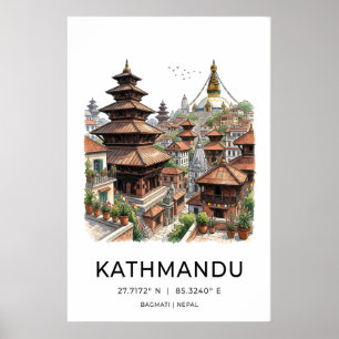 Affiche Œuvre d'art de Kathmandou en encre - Pagodes et