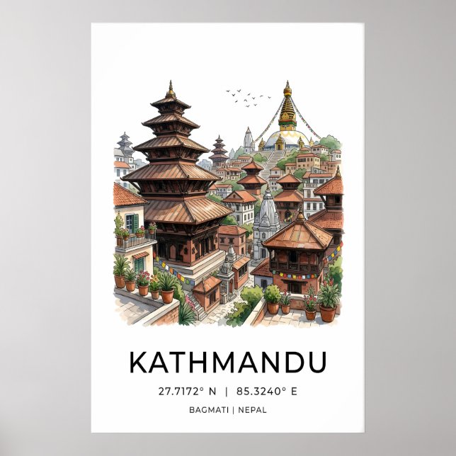 Affiche Œuvre d'art de Kathmandou en encre - Pagodes et (Devant)