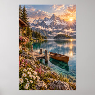 Affiche Œuvre d'art de montagne de lac alpin de bateau à r