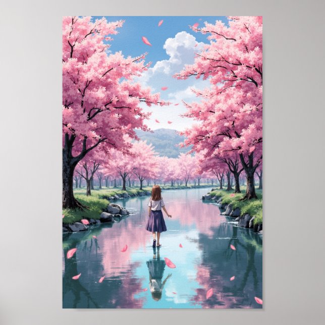 Affiche Œuvre d'art de rivière de floraison printanière an (Devant)