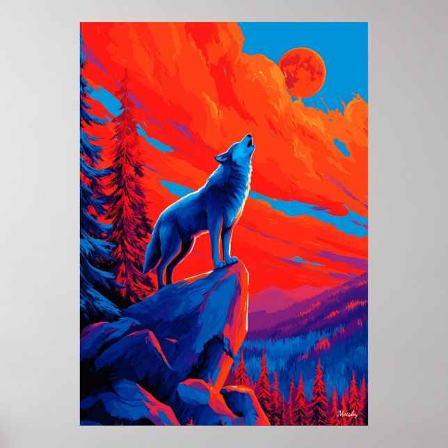 Affiche Œuvre d'art expressionniste Loup sous la Lune cram (Devant)