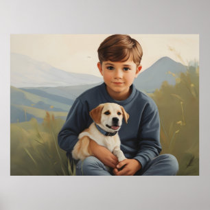 Affiche Œuvre d'art garçon avec chien