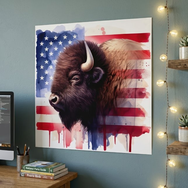 Affiche Œuvre d'art majestueuse représentant des bisons am (Majestic American Bison & Patriotic Flag Artwork. Poster)