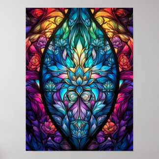 Affiche Œuvre d'art mandala en verre coloré floral vibrant