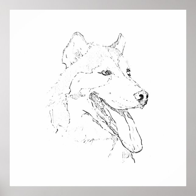 Affiche Œuvre d'art murale à l'encre de Husky – Dessin au  (Devant)