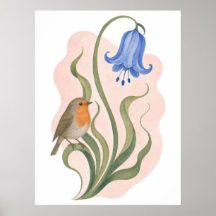Affiche Œuvre d'art murale bleu clochette et rouge-gorge