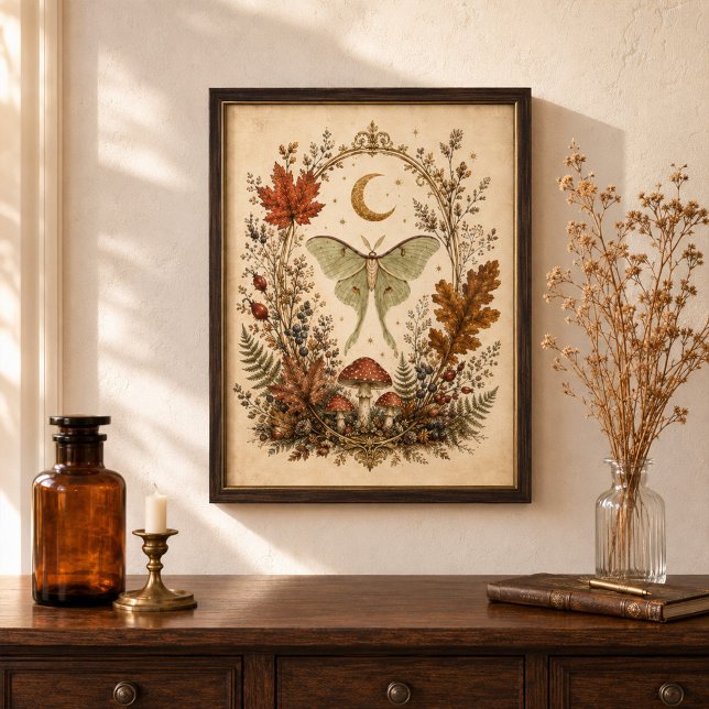 Affiche Œuvre d'art murale botanique de la lune victorienn (Victorian Luna Moth Botanical Witchy Wall Art)