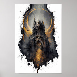 Affiche Œuvre d'art murale Château gothique Lune dorée