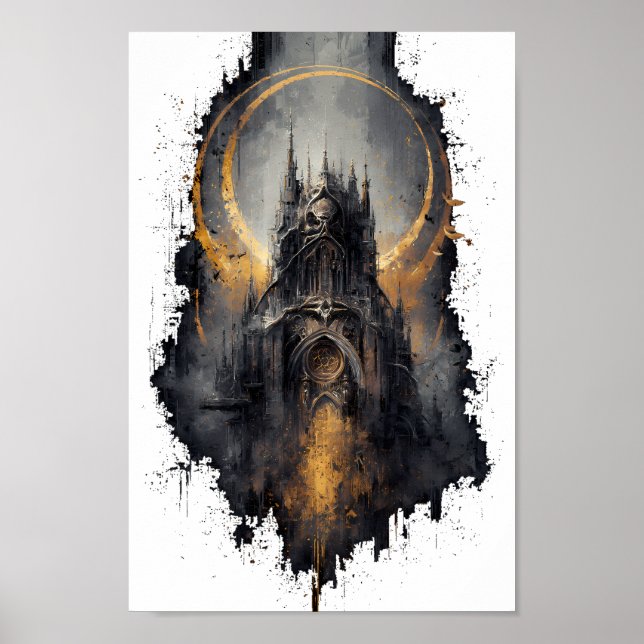 Affiche Œuvre d'art murale Château gothique Lune dorée (Devant)