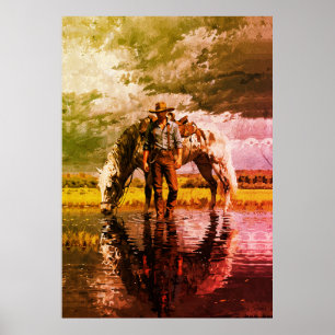 Affiche Œuvre d'art murale Cowboy et Cheval - Western