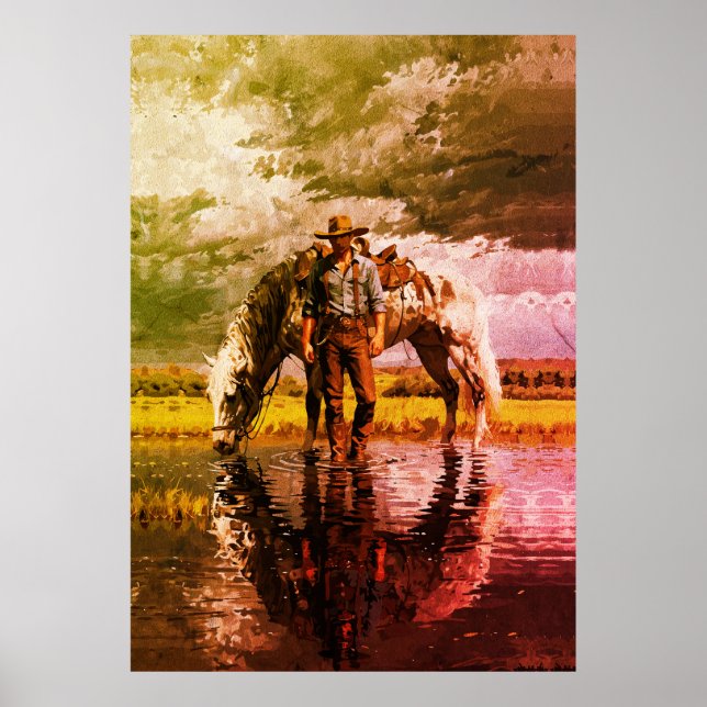 Affiche Œuvre d'art murale Cowboy et Cheval - Western (Devant)