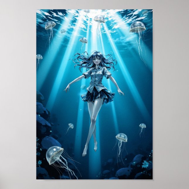 Affiche Œuvre d'art murale d'anime océan profond lumineux (Devant)