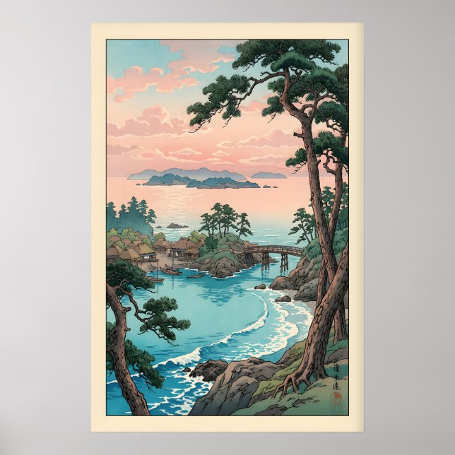 Affiche Œuvre d'art murale de baie côtière - Pins, Pont, C (Devant)