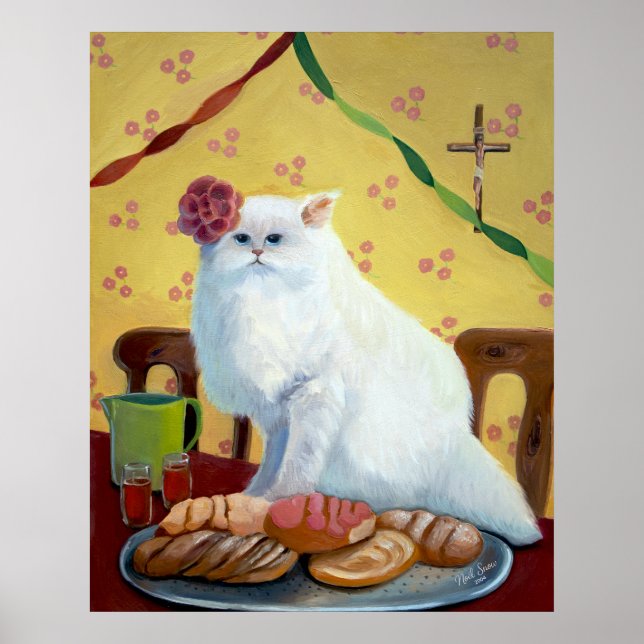 Affiche Œuvre d'art murale de chat blanc inspirée du folkl (Devant)