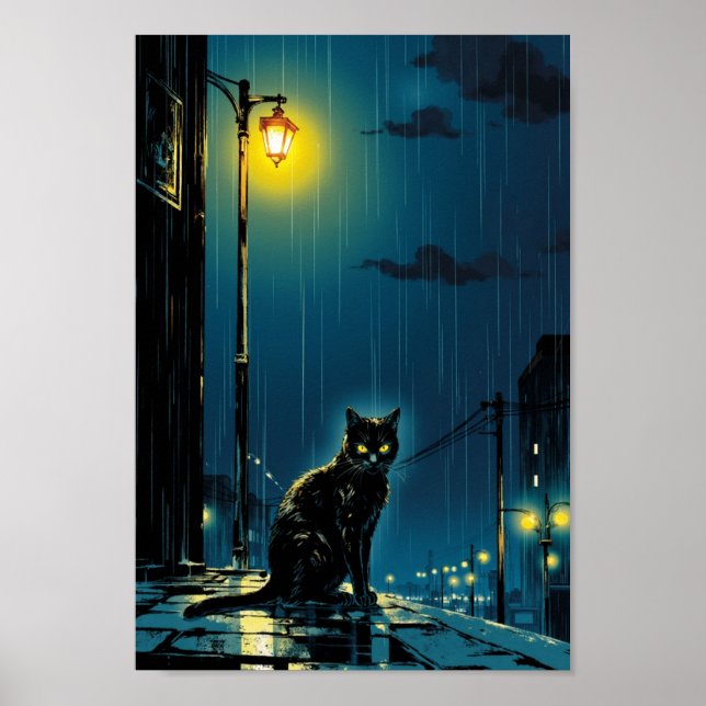 Affiche Œuvre d'art murale de chat de nuit pluvieux d'anim (Devant)