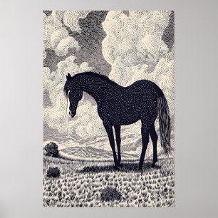 Affiche Œuvre d'art murale de cheval noir dessin à l'encre