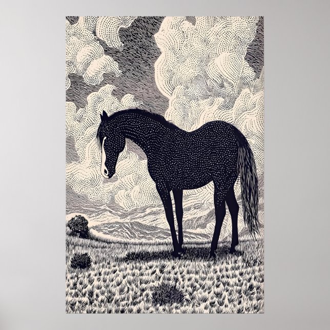 Affiche Œuvre d'art murale de cheval noir dessin à l'encre (Devant)