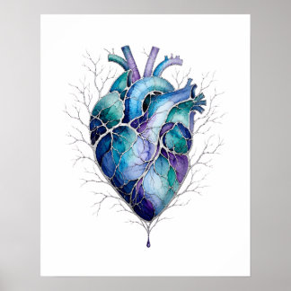 Affiche Œuvre d'art murale de cœur anatomique bleu et viol