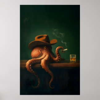 Affiche Œuvre d'art murale de cowboy poulpe fumeur, bar à