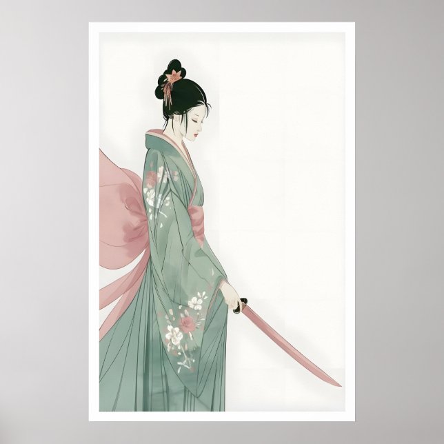 Affiche Œuvre d'art murale de femme samouraï rose et verte (Devant)