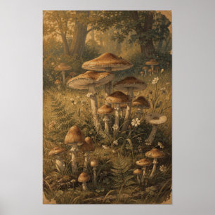 Affiche Œuvre d'art murale de forêt de champignons ambre