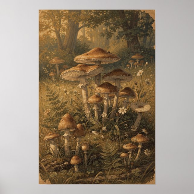 Affiche Œuvre d'art murale de forêt de champignons ambre (Devant)
