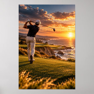 Affiche Œuvre d'art murale de golf côtier au coucher du so