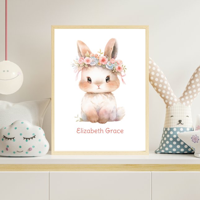 Affiche Oeuvre d'art murale de nurserie de lapin rose en f (Baby Bunny Pink Flowers on head watercolor Nursery Wall Art, Monogram with babies name or other text)