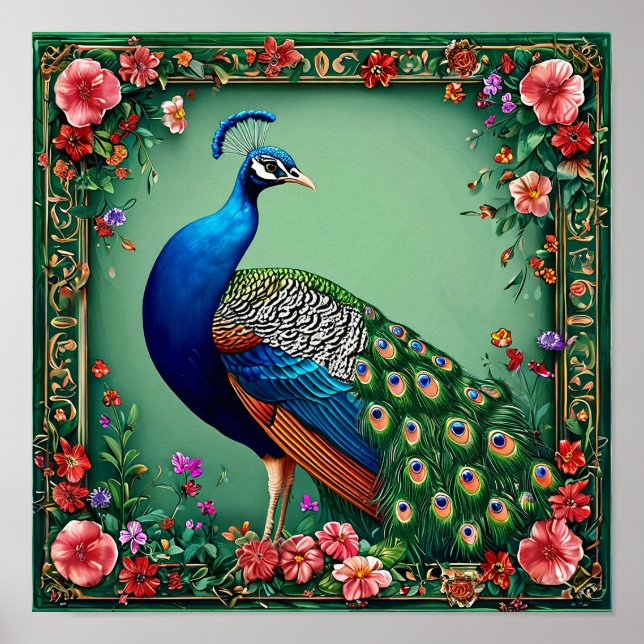 Affiche Œuvre d'art murale de paon élégant | Oiseau floral (Devant)