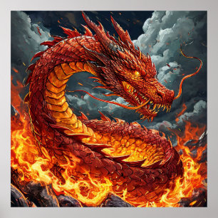 Affiche Œuvre d'art murale Dragon enflammé Créature de f