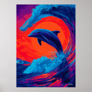 Affiche Œuvre d'art murale expressionniste dauphin vague c