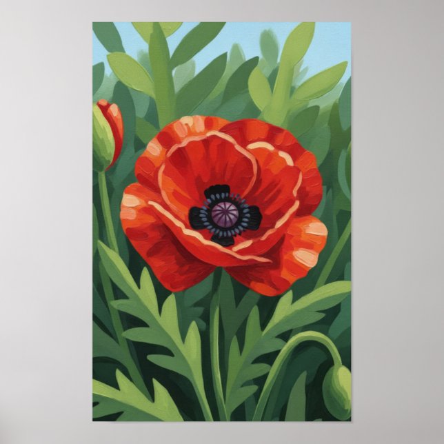 Affiche Œuvre d'art murale. Fleur rouge. (Devant)