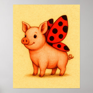 Affiche Œuvre d'art murale Lady Pig, ailes de coccinelle c