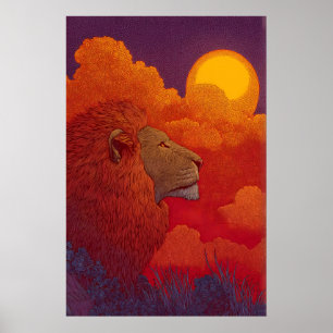 Affiche Œuvre d'art murale Lion Sunset Fiery Mane, Soleil