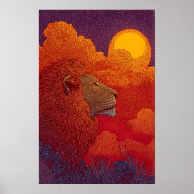 Affiche Œuvre d'art murale Lion Sunset Fiery Mane, Soleil  (Devant)