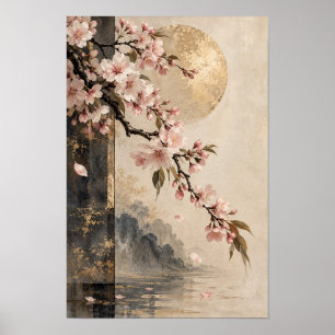 Affiche Oeuvre d'art murale Lune dorée Cerisier rose