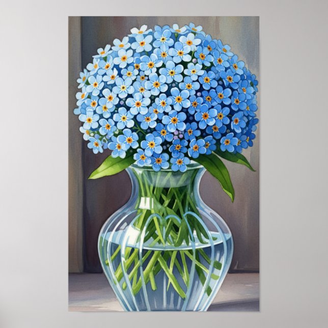 Affiche Œuvre d'art murale. Petites fleurs bleues (Devant)