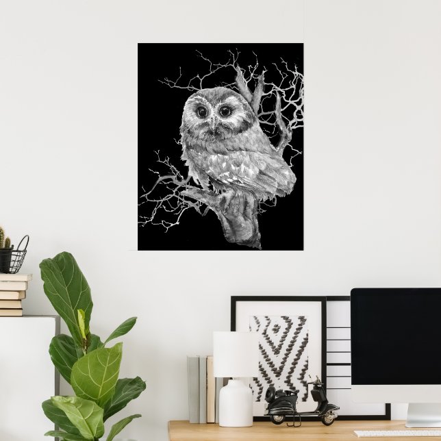 Affiche Œuvre d'art originale aquarelle de bébé hibou oise (Bureau à domicile)