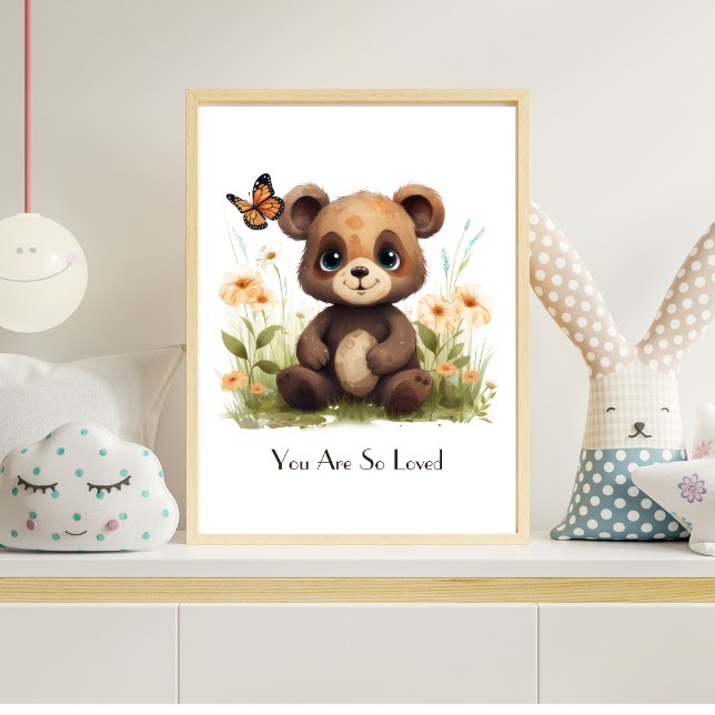Affiche Oeuvre d'art personnalisée pour la nurserie avec u (Personalized Baby Bear with Butterflies and Flowers Nursery Wall Art Poster)