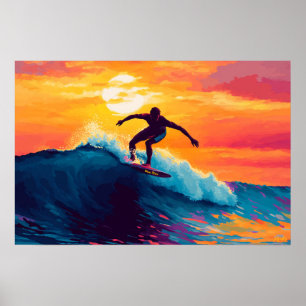 Affiche Œuvre d'art pop art surfant sur le coucher de sole
