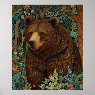Affiche Œuvre d'art rétro ours brun boho forêt boisée