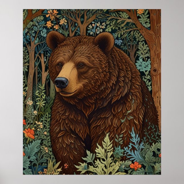 Affiche Œuvre d'art rétro ours brun boho forêt boisée (Devant)