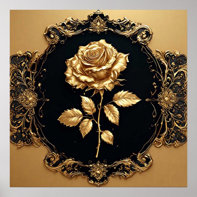 Affiche Œuvre d'art Rose Dorée avec Élément Décoratif Orné (Devant)
