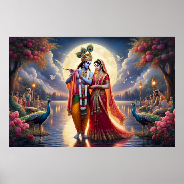 Affiche Œuvre d'art rouge romantique Radha Krishna Amour é (Devant)