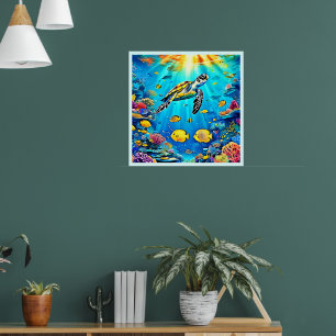 Affiche Œuvre d'art vibrante de tortue marine sur récif