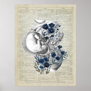Affiche Oeuvre de grossesse Anatomie Womb avec fleurs bleu