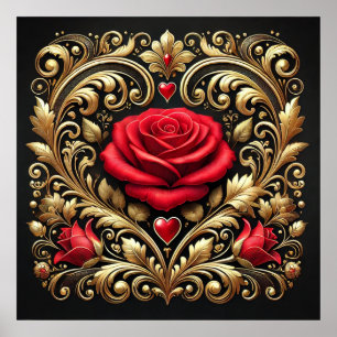 Affiche Oeuvre luxueuse Red Rose et Gold Heart