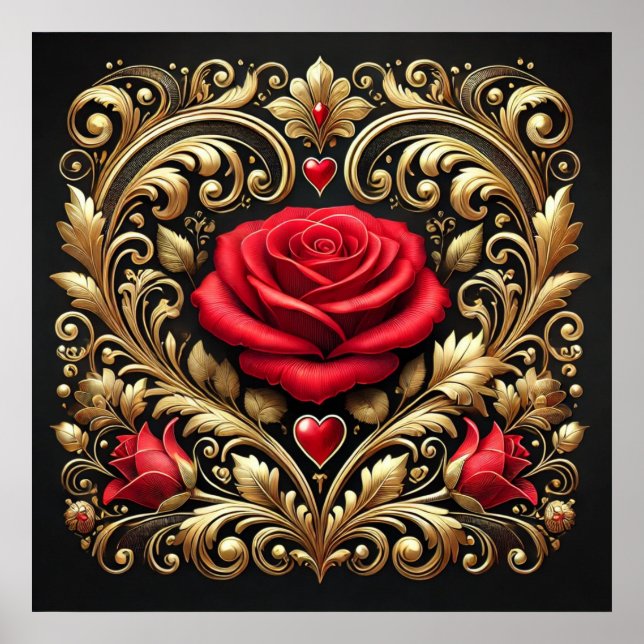 Affiche Oeuvre luxueuse Red Rose et Gold Heart (Devant)