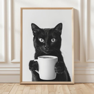 Affiche Oeuvre murale Chat noir buvant du café, Noir et Bl