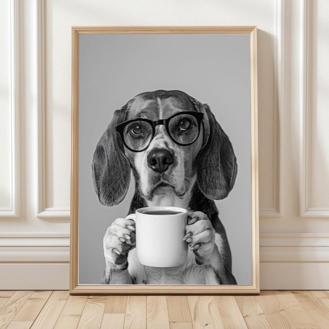 Affiche Oeuvre murale représentant un beagle buvant du caf (Créateur téléchargé)